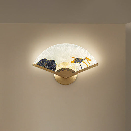 Chinese Glass Folding Fan Shaped Brass LED Wall Sconce Lamp