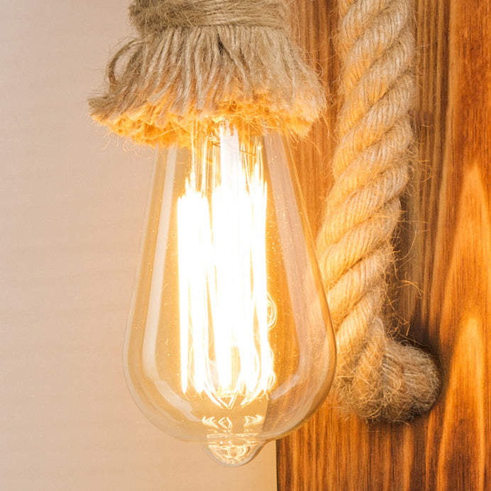 Rectangular Wood Hemp Rope 1-Light Wall Sconce Lamp