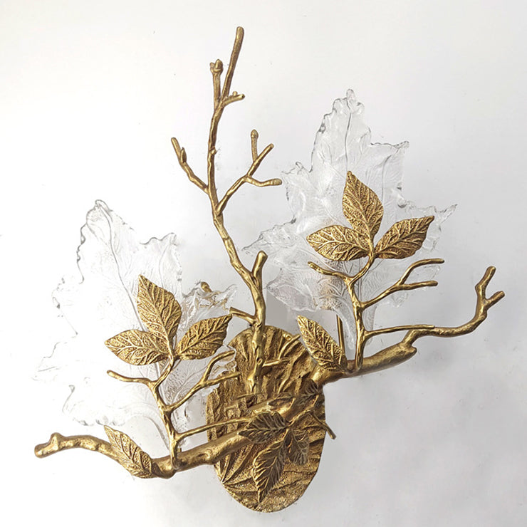Copper Glass Maple Leaf Branch 2-Light Wall Sconce Lamp