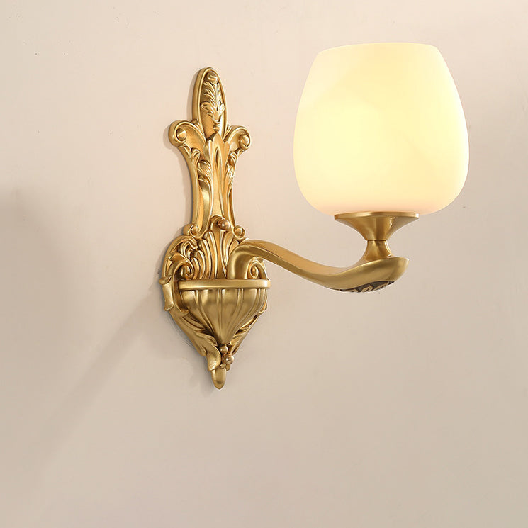 Brass Glass Cup Carving Base 1/2 Light Wall Sconce Lamp