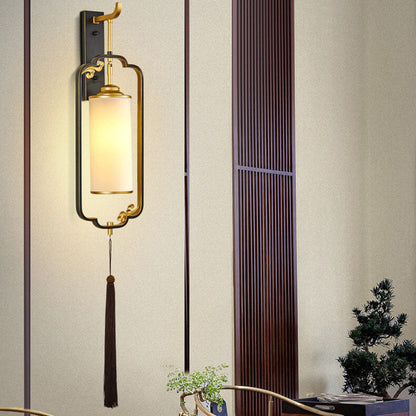 Chinese Copper Iron Glass Column 1-Light Wall Sconce Lamp