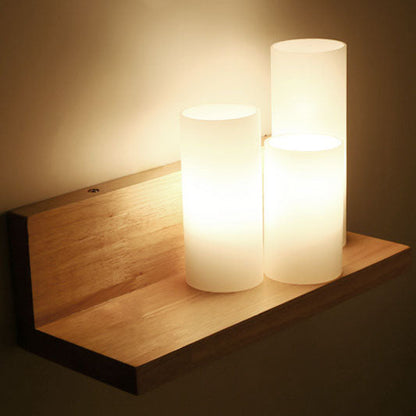 Japanese Cylindrical Wooden Glass 1-Light Wall Sconce Lamp