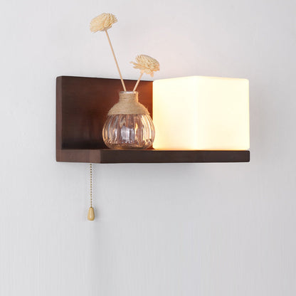Rectangular Shelf Wood Glass 1-Light Wall Sconce Lamp