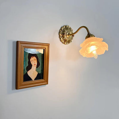 European Light Floral Glass Brass 1-Light Wall Sconce Lamp