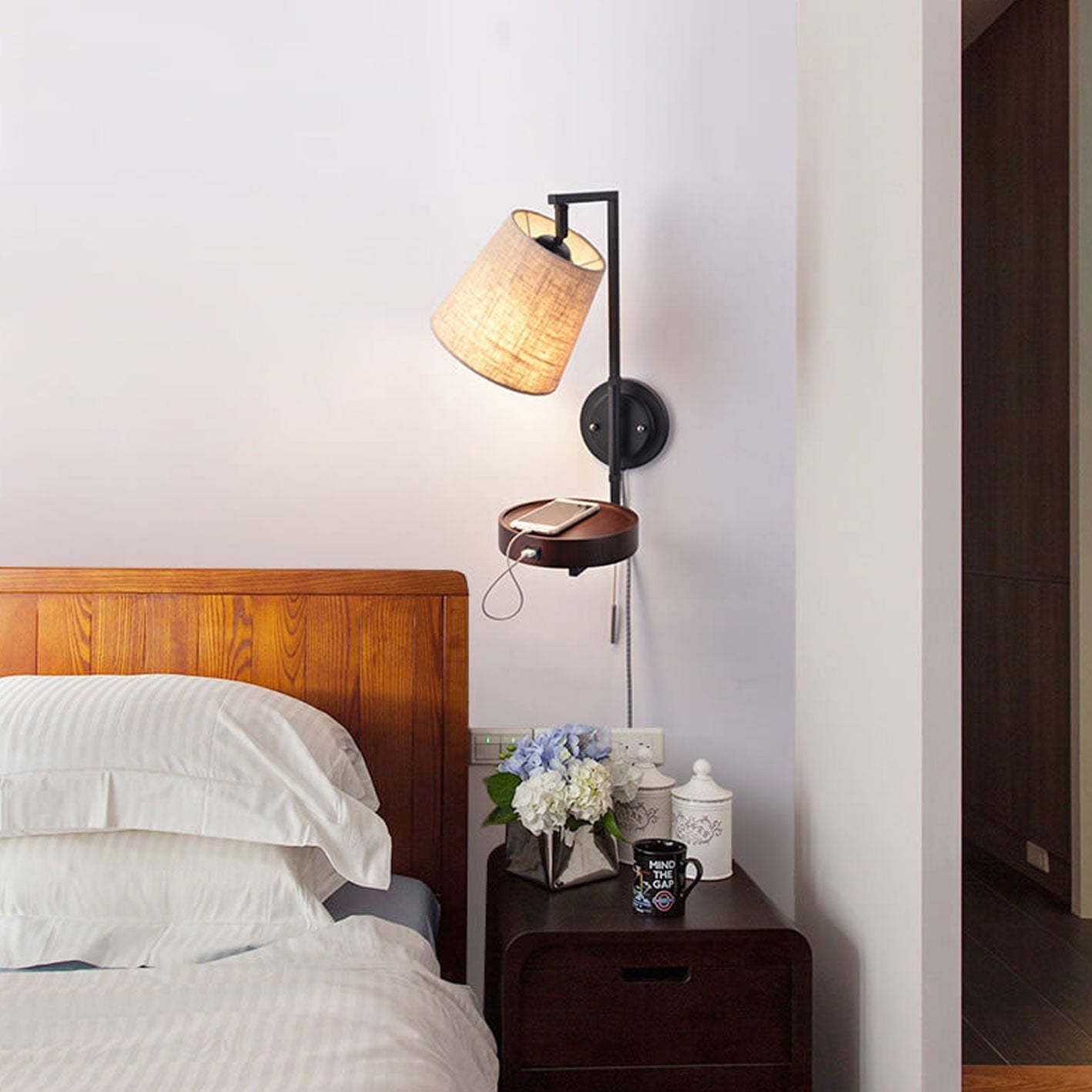 Light Wood Wrought Iron Fabric 1-Light Wall Sconce Lamp