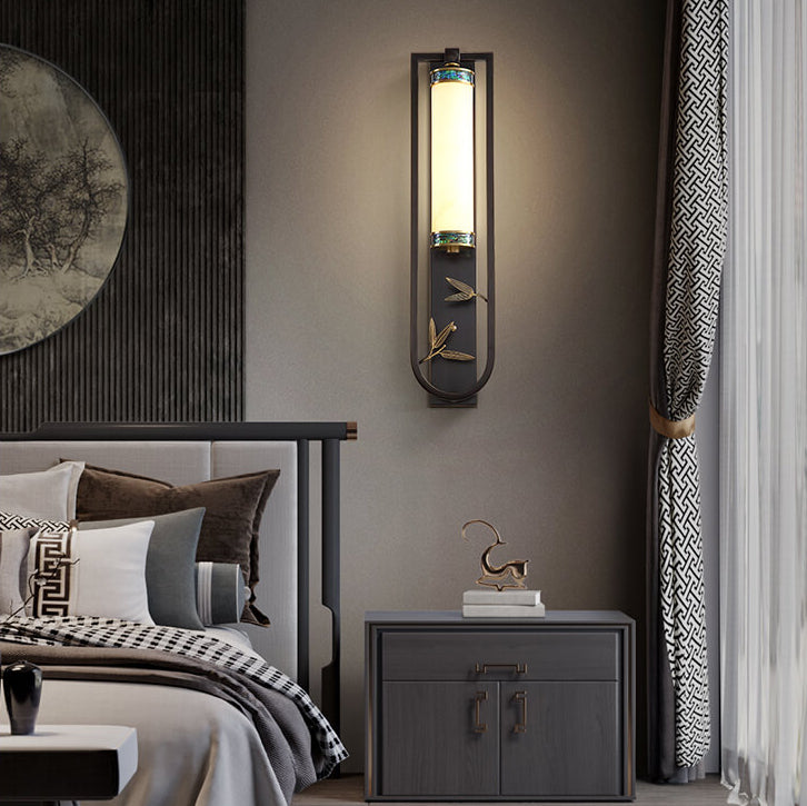 Chinese Rectangular Copper Marble LED Wall Sconce Lamp