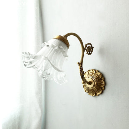 French Vintage Brass Glass Flower 1-Light Wall Sconce Lamp