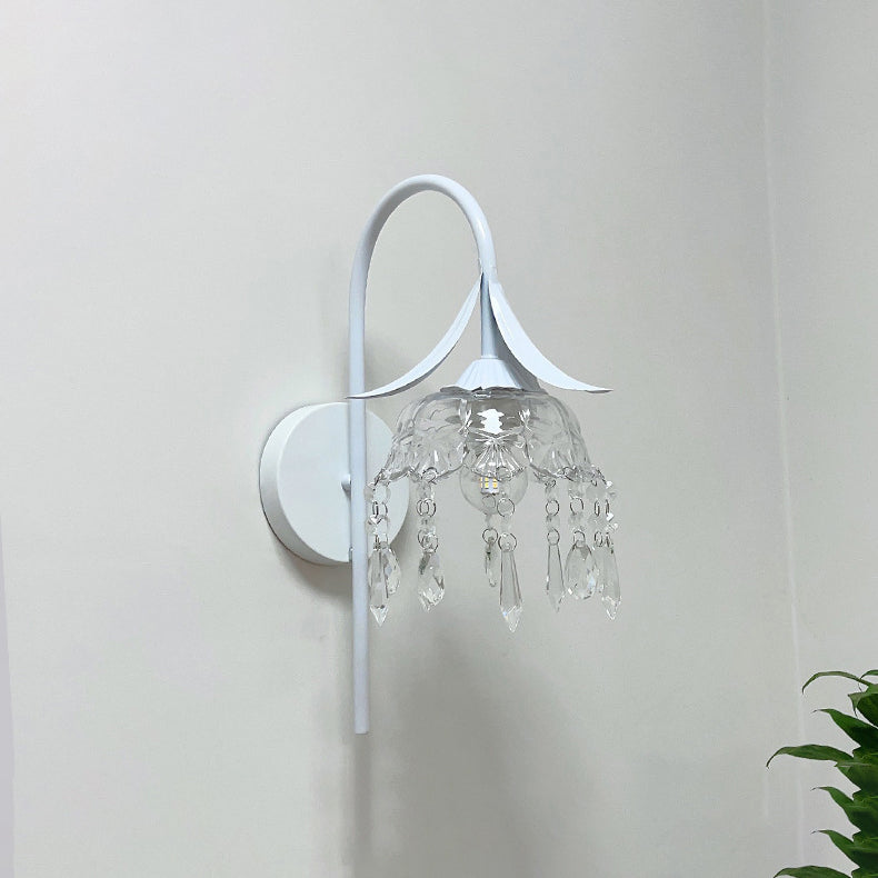 Iron Flower Glass Shade Crystal 1-Light Wall Sconce Lamp