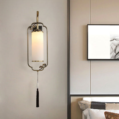 Chinese Copper Iron Glass Column 1-Light Wall Sconce Lamp