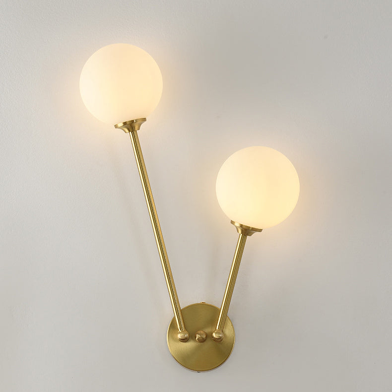 Nordic Copper Glass Ball V-Shaped 2-Light Wall Sconce Lamp