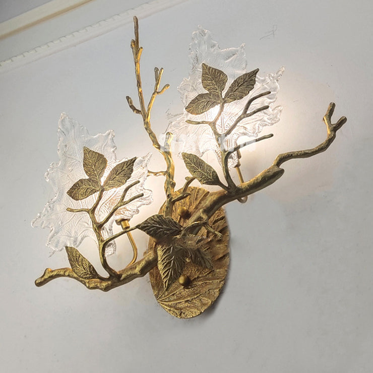 Copper Glass Maple Leaf Branch 2-Light Wall Sconce Lamp