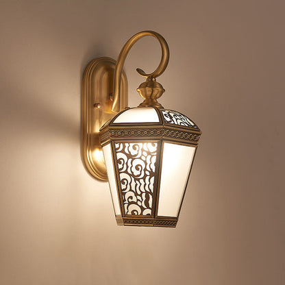 Brass Glass Hexagonal Lantern 1-Light Wall Sconce Lamp