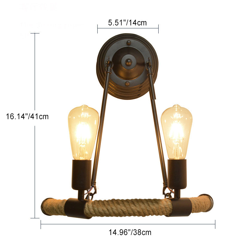 Farmhouse Hemp Rope Half Circle 2-Light Wall Sconce Lamp