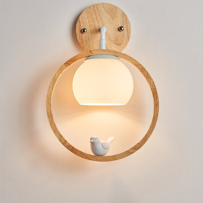 Scandinavian Round Bird Wood Glass 1-Light Wall Sconce Lamp