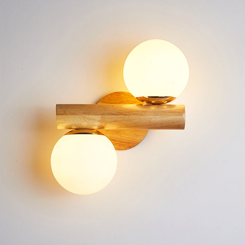 Cylinder Orb Wood Hardware Glass 2-Light Wall Sconce Lamp