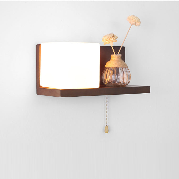 Rectangular Shelf Wood Glass 1-Light Wall Sconce Lamp
