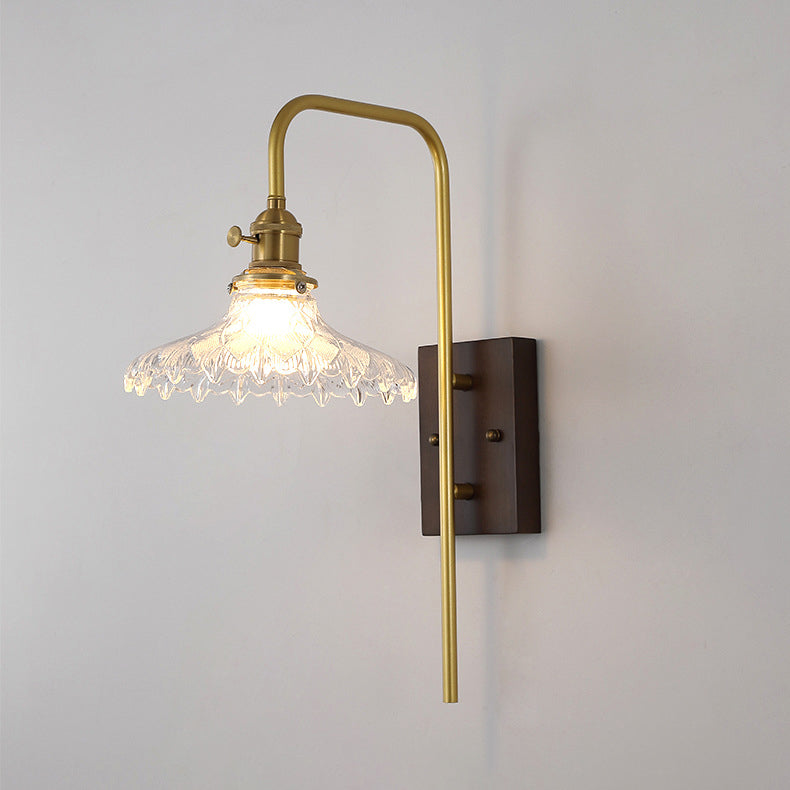 Traditional Round Wood Iron Glass 1-Light Wall Sconce Lamp