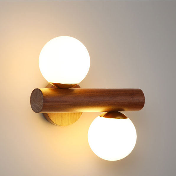 Scandinavian Orb Rubberwood Glass 2-Light Wall Sconce Lamp