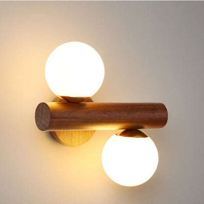 Scandinavian Orb Rubberwood Glass 2-Light Wall Sconce Lamp