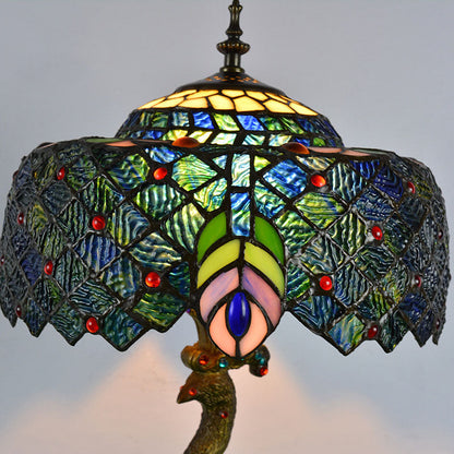 Vintage Tiffany Peacock Gem Dome Glass Resin 1-Light Table Lamp