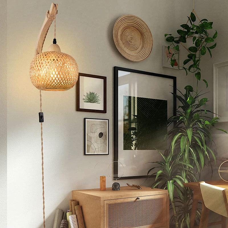 Japanese Round Head Rattan Weaving 1-Light Wall Sconce Lamp