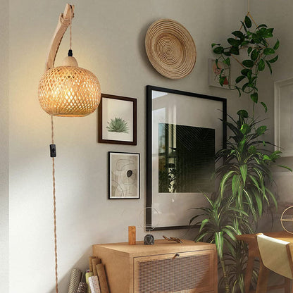 Japanese Round Head Rattan Weaving 1-Light Wall Sconce Lamp