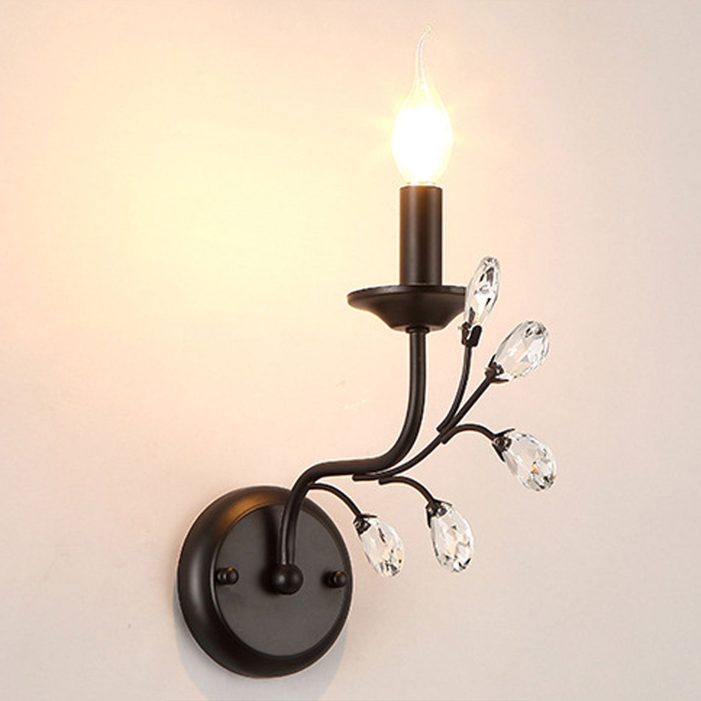 European Wrought Iron Crystal 1-Light Wall Sconce Lamp