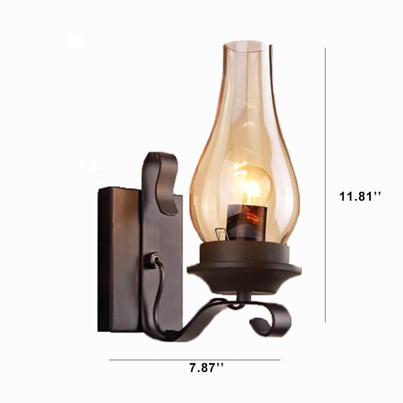 Glass Shade Wrought Iron Kerosene 1-Light Wall Sconce Lamp