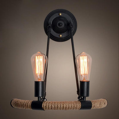 Vintage Industrial Hemp Rope Iron 2-Light Wall Sconce Lamp
