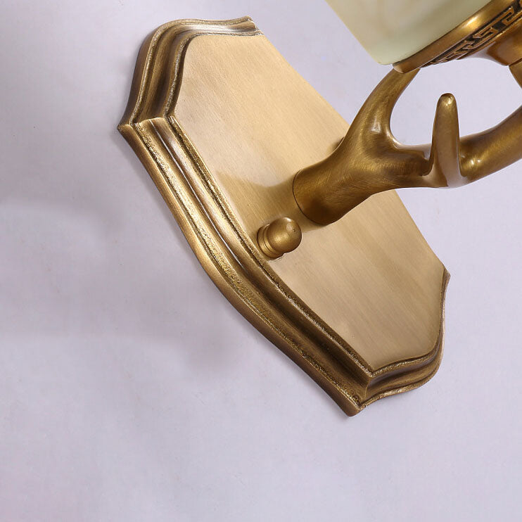 European Antler Brass Glass 1-Light Wall Sconce Lamp