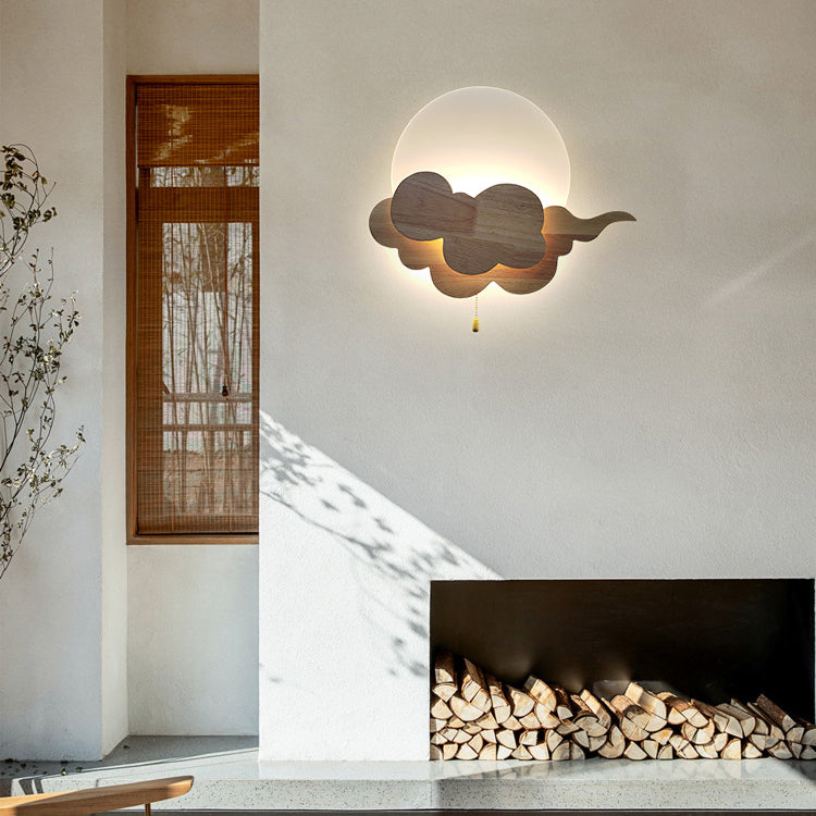 Chinese Round Cloudy Wood Acrylic LED Wall Sconce Lamp