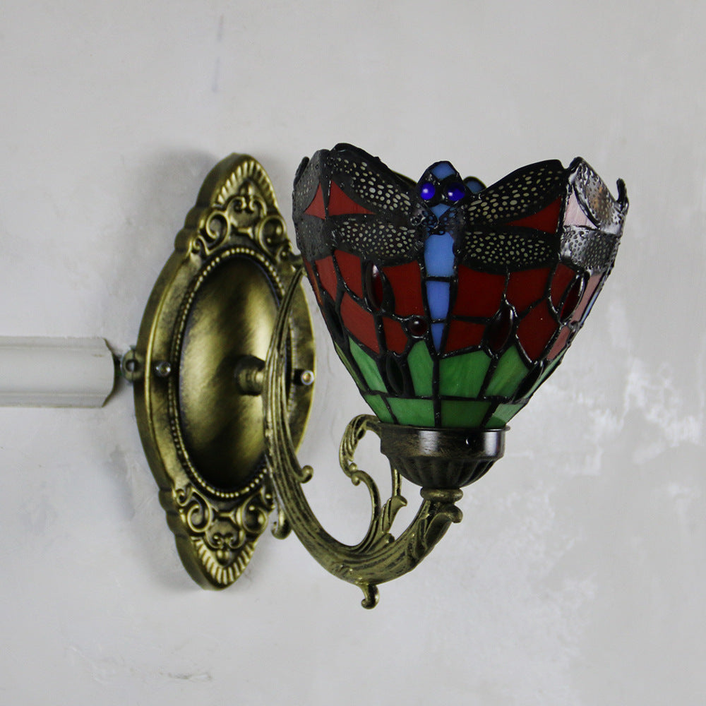 Tiffany Glass Iron Round Bowl 1-Light Wall Sconce Lamp