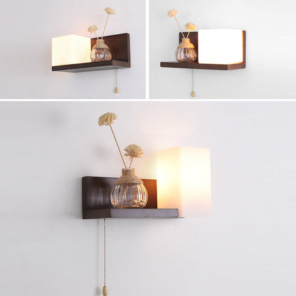 Rectangular Shelf Wood Glass 1-Light Wall Sconce Lamp