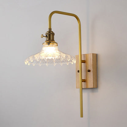 Traditional Round Wood Iron Glass 1-Light Wall Sconce Lamp