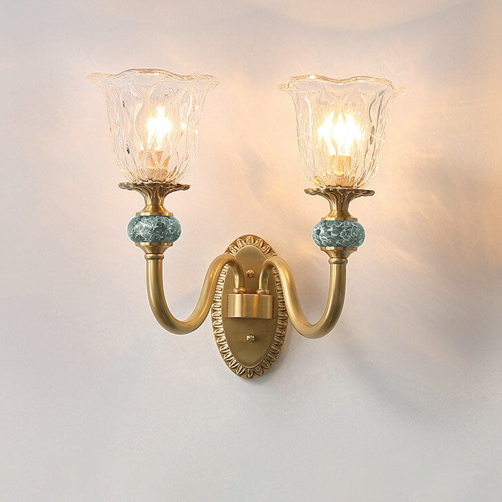 Floral Glass Brass Curved Arm 1/2 Light Wall Sconce Lamp