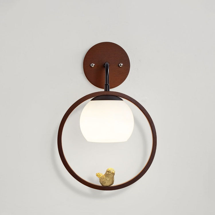 Minimalist Circle Bird Wood Glass 1-Light Wall Sconce Lamp