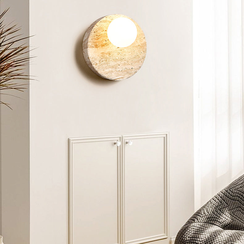 Japanese Yellow Travertine Circle 1-Light Wall Sconce Lamp