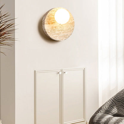 Japanese Yellow Travertine Circle 1-Light Wall Sconce Lamp