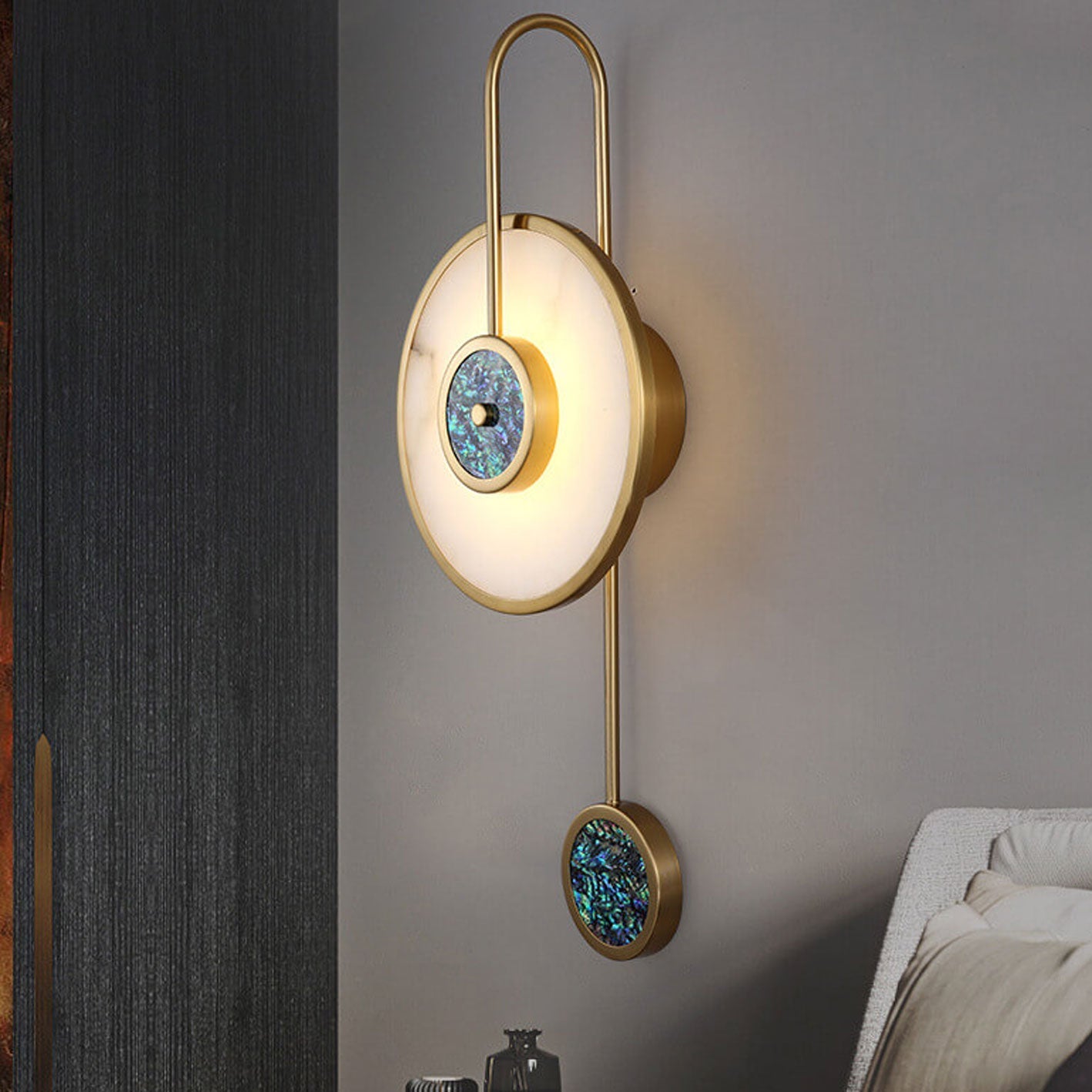 Luxury Marble Round Shell Curved Arm LED Wall Sconce Lamp