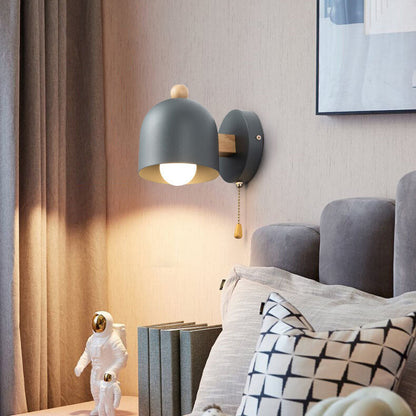 Rubberwood Shade Log Pull Cord 1-Light Wall Sconce Lamp