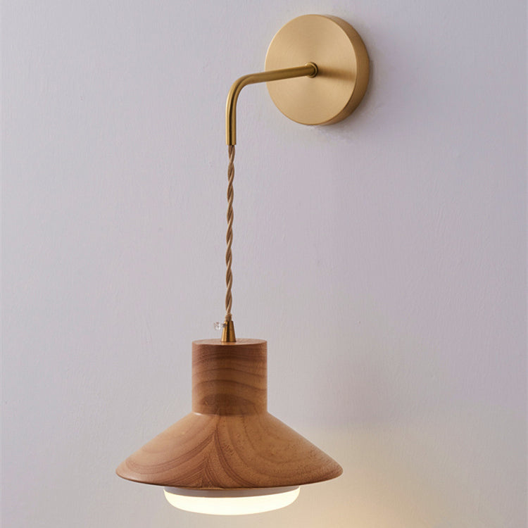 Japanese Round Wood Copper Glass 1-Light Wall Sconce Lamp