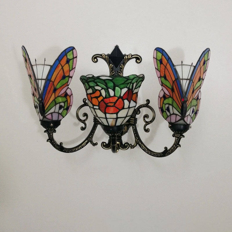 Tiffany Butterfly Alloy Iron Glass 3-Light Wall Sconce Lamp