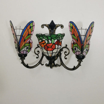 Tiffany Butterfly Alloy Iron Glass 3-Light Wall Sconce Lamp