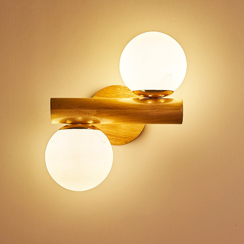 Cylinder Orb Wood Hardware Glass 2-Light Wall Sconce Lamp