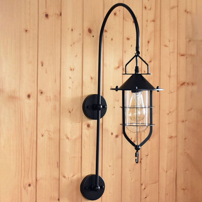Iron Glass Cage Curved Arm 1-Light Wall Sconce Lamp