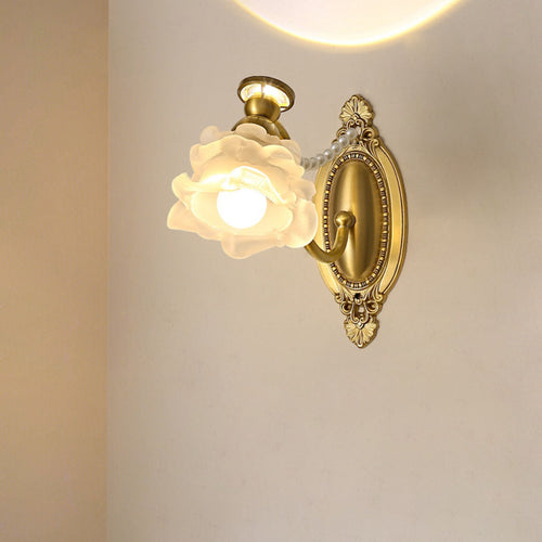 French Floral Brass Glass 1-Light Wall Sconce Lamp