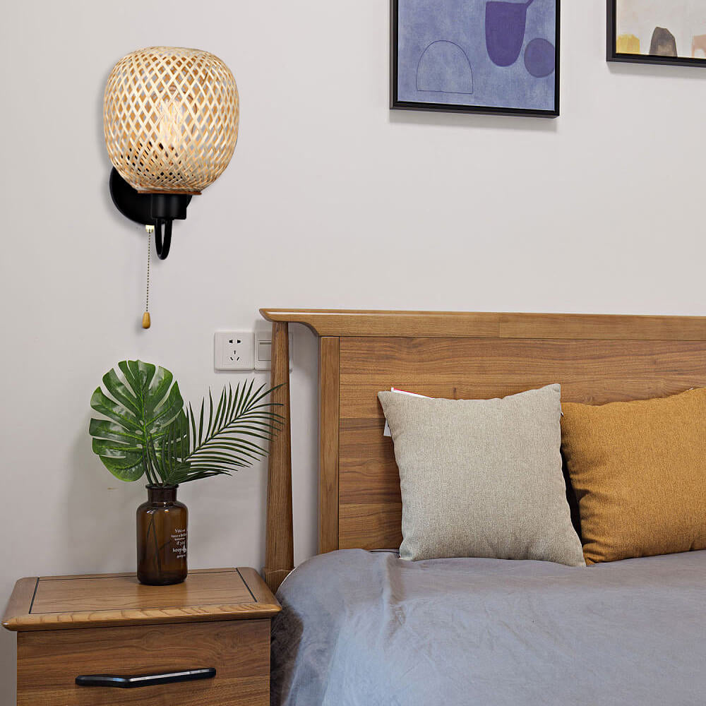 Chinese Iron Bamboo Woven Cage 1-Light Wall Sconce Lamp