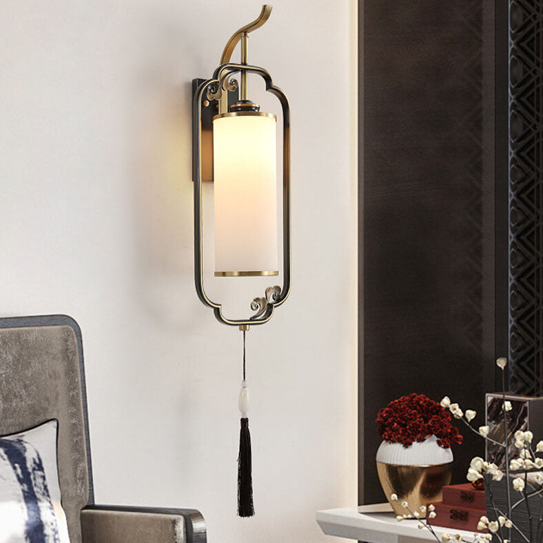 Chinese Copper Iron Glass Column 1-Light Wall Sconce Lamp