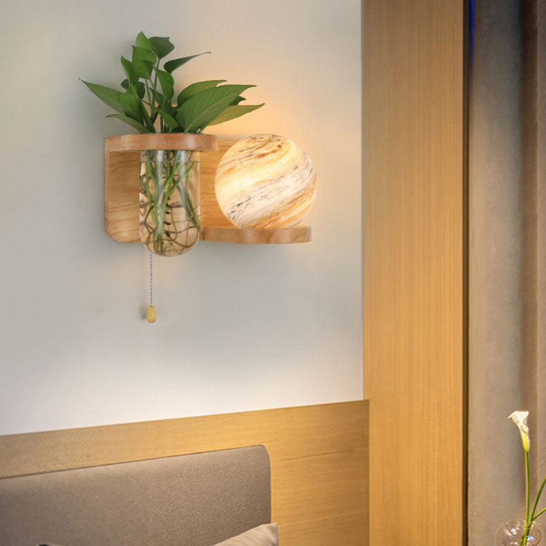 Minimalist Oak Glass Planet 1-Light Wall Sconce Lamp