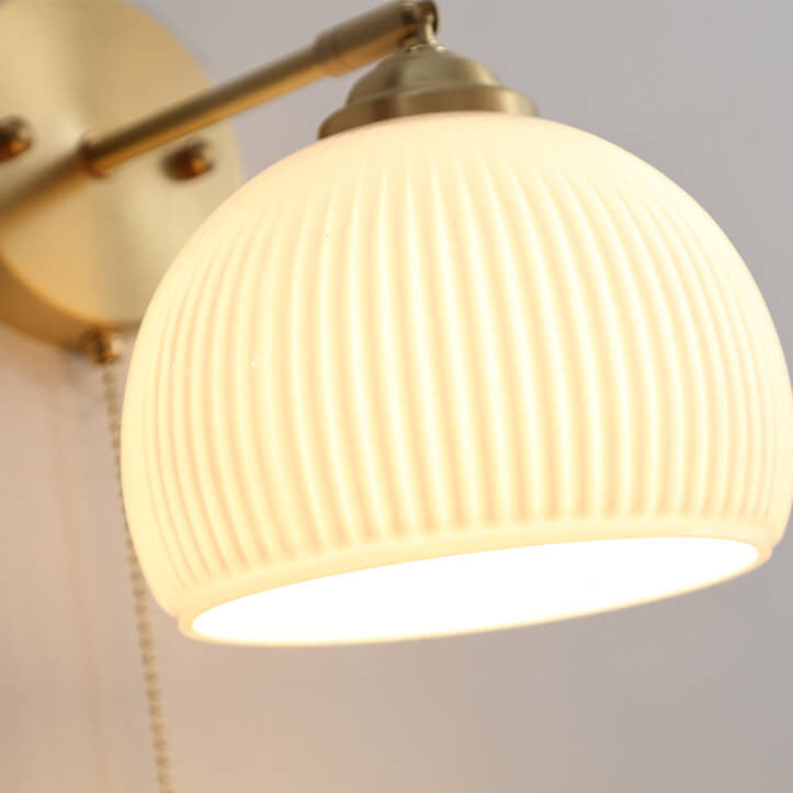 Nordic Striped Milk Glass Brass Pull Cord Wall Sconce